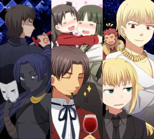 4girls :d =_= age_difference assassin_(fate/zero) beard black_key black_keys blonde_hair blue_hair bottle brown_hair cape casual child closed_eyes column_lineup command_spell criss-cross_halter cup dark_skin earrings eyes_closed facial_hair fate/stay_night fate/zero fate_(series) female_assassin_(fate/zero) formal from_behind fur_trim gilgamesh green_eyes halter_top halterneck heart hug itou_(mogura) jewelry kotomine_kirei mask mother_and_daughter multiple_boys multiple_girls necktie open_mouth pant_suit ponytail red_hair redhead rider_(fate/zero) saber short_hair smile suit sword tohsaka_aoi tohsaka_rin tohsaka_tokiomi toosaka_aoi toosaka_rin toosaka_tokiomi weapon wine_glass young