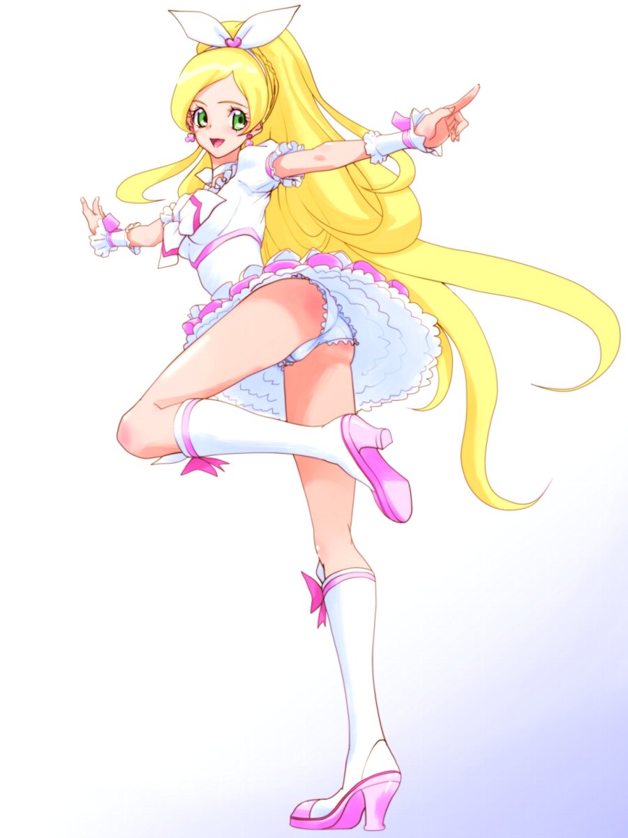 agahat ass blonde_hair cure_blossom cure_rhythm footwear green_eyes highres long_hair minamino_kanade panties ponytail precure simple_background socks solo suite_precure underwear white_background white_panties wrist_cuffs