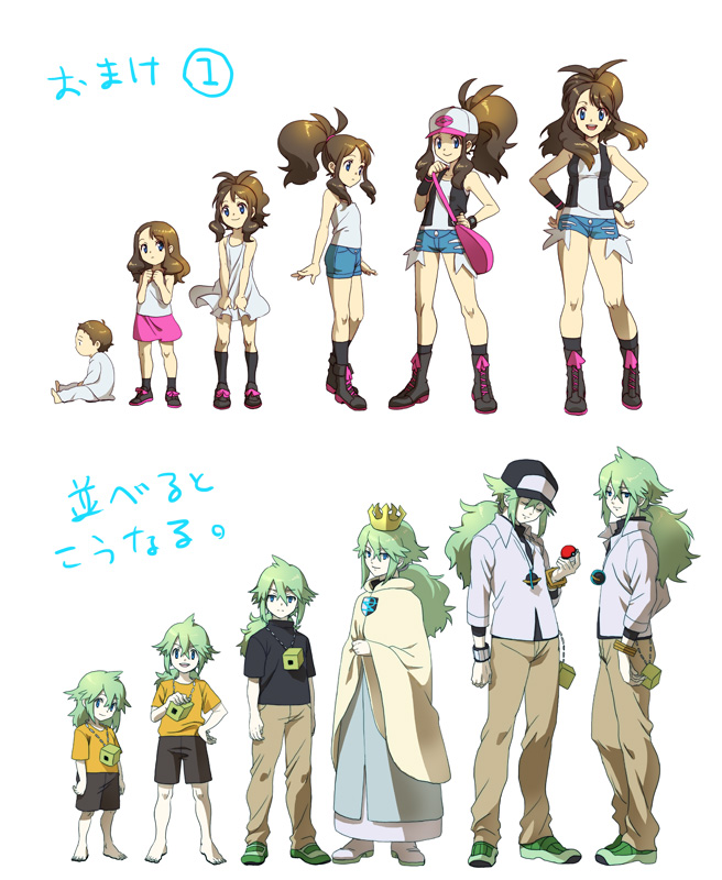 bare_legs baseball_cap blue_eyes boots bream-tan brown_hair closed_eyes crown denim denim_shorts eyes_closed green_hair hat jewelry long_hair n_(pokemon) necklace no_hat no_headwear open_mouth pokemon pokemon_(game) pokemon_black_and_white pokemon_bw ponytail shorts simple_background smile team_plasma touko_(pokemon) vest wristband young