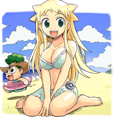 1girl beach bikini bikini_skirt blonde_hair blue_sky breasts character_request cleavage cloud colored female green_eyes green_hair hat innertube large_breasts long_hair looking_at_viewer lowres male miruto_(pokemon) ocean open_mouth pansage pokemoa pokemon pokemon_(creature) pokemon_reburst running runnning sitting sky smile summer swimsuit tamura_mitsuhisa v_arms wariza water yappy_(pokemon)