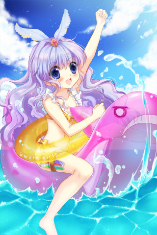 bikini blue_eyes blue_hair bow circlet clarice clarice_altheim flat_chest frills hair_ornament holster lowres outstretched_arm purple_hair ratise sky solo swimsuit sword_girls water young