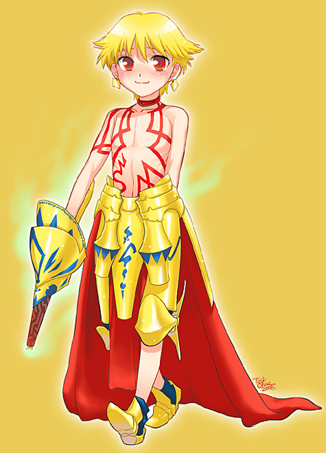 armor blonde_hair blush child child_gilgamesh ea_(fate/stay_night) earrings fate/hollow_ataraxia fate/stay_night fate_(series) gilgamesh jewelry male red_eyes shirtless short_hair smile solo sword task_owner topless weapon yellow_background young