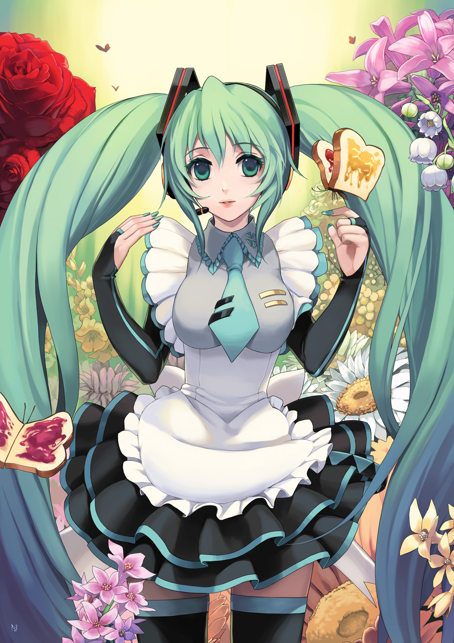 1girl adapted_costume alice_in_wonderland alternate_costume aqua_hair bread bridal_gauntlets butter enmaided flower food frills gathers hatsune_miku highres jam lips long_hair maid nail_polish necktie ruffles solo thigh-highs thighhighs twintails vocaloid zettai_ryouiki