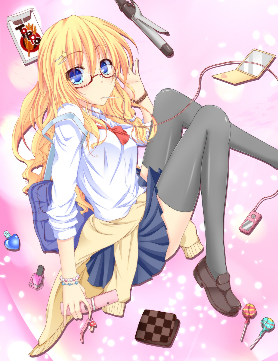 bespectacled blonde_hair blue_eyes cellphone colored flask_(pandora) glasses highres kirisame_marisa noumin phone pocky school_uniform sleeves_pushed_up solo thigh-highs thighhighs touhou