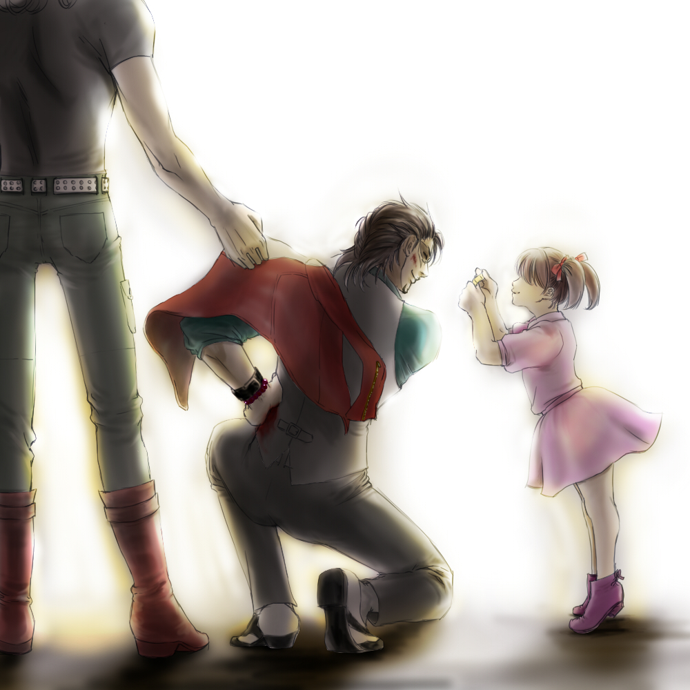 2boys bandage bandages barnaby_brooks_jr belt blood boots brown_hair child dress facial_hair gel_labo green_shirt injury jacket kaburagi_t_kotetsu kneeling male mask multiple_boys pink_dress red_jacket red_shoes saddle_shoes short_hair short_twintails smile stubble tiger_&amp;_bunny tiptoes twintails vest waistcoat watch wristwatch