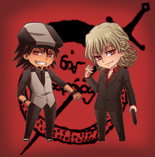 blonde_hair brown_hair chibi ebitetsu facial_hair formal gun lunarclinic male multiple_boys necktie ouroboros ourobunny red_eyes short_hair stubble suit tattoo tiger_&amp;_bunny vest waistcoat weapon