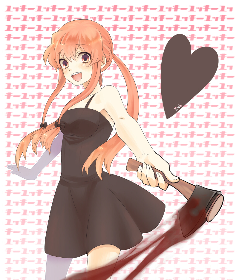 axe bad_id bare_shoulders blood blush bow breasts dress gasai_yuno hair_bow heart konbu_ame long_hair mirai_nikki open_mouth pink_eyes pink_hair smile solo twintails weapon western_hatchet yandere