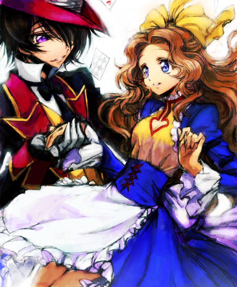 apron black_hair blue_dress blue_eyes bow brother_and_sister brown_hair card cards cleavage_cutout code_geass corset dress falling_card gloves hair_bow hair_ornament hand_holding hat heart heart_cleavage_cutout heart_cutout holding_hands jacket lelouch_lamperouge light_smile long_hair necktie nunnally_lamperouge open_eyes playing_card purple_eyes rahit short_dress short_hair siblings violet_eyes waist_apron waistcoat white_gloves