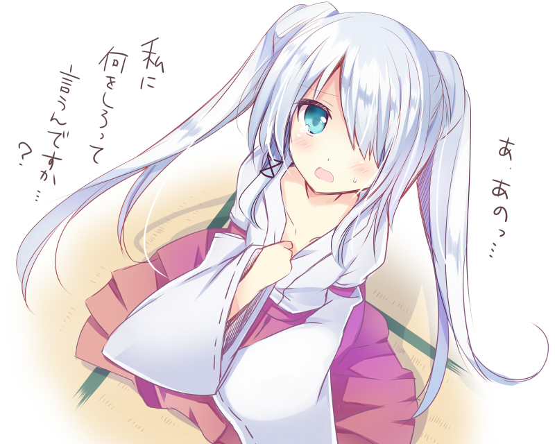 aqua_eyes bad_id blue_eyes blush ciel_sacred female hair_over_one_eye hair_tie hand_to_chest japanese_clothes long_hair looking_at_viewer miko mishima_kurone no_bra open_mouth original silver_hair sitting sleeves_past_wrist solo sweat tears twintails white_hair