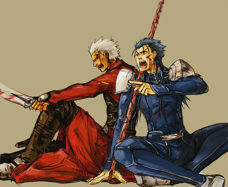 angry archer blood blood_on_face blue_hair crimo dark_skin fate/stay_night fate_(series) gae_bolg indian_style injury kanshou_&amp;_bakuya lancer long_hair male multiple_boys pointing polearm ponytail red_eyes sitting spear sword weapon white_hair
