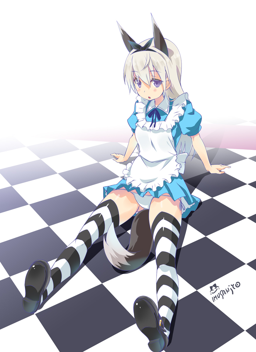 1girl animal_ears artist_name brown_hair checkered checkered_floor eila_ilmatar_juutilainen highres imu_sanjo long_hair looking_at_viewer panties solo strike_witches striped striped_legwear tail thigh-highs underwear violet_eyes white_panties