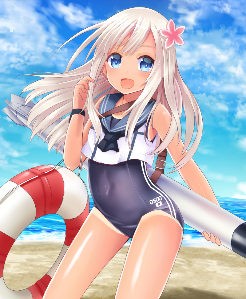 1girl blonde_hair blue_eyes crop_top flower hair_flower hair_ornament kantai_collection lifebuoy long_hair looking_at_viewer ro-500_(kantai_collection) sailor_collar school_swimsuit swimsuit swimsuit_under_clothes torpedo u_rin