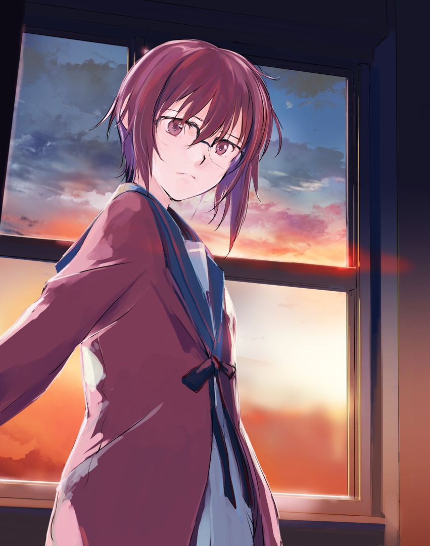 bad_id cloud from_below glasses half_rim_glasses lens_flare nagato_yuki over-rim_glasses school_uniform semi-rimless_glasses serafuku short_hair sky solo standing sunset suzumiya_haruhi_no_yuuutsu takeshima_satoshi window