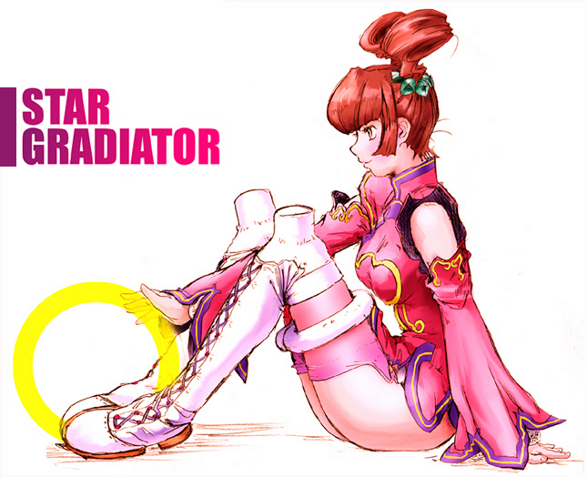 antenna_hair ass bent_over boots breasts brown_hair capcom chakram chinese_clothes cross-laced_footwear detached_sleeves engrish green_eyes hair_up hoop jewelry jun june_lin_milliam knee_boots knee_pads lace-up_boots ranguage ring sitting solo star_gladiator star_gladiators teketeke_(tekenotteke) thigh_boots thighhighs title_drop twintails typo weapon white_background wide_sleeves