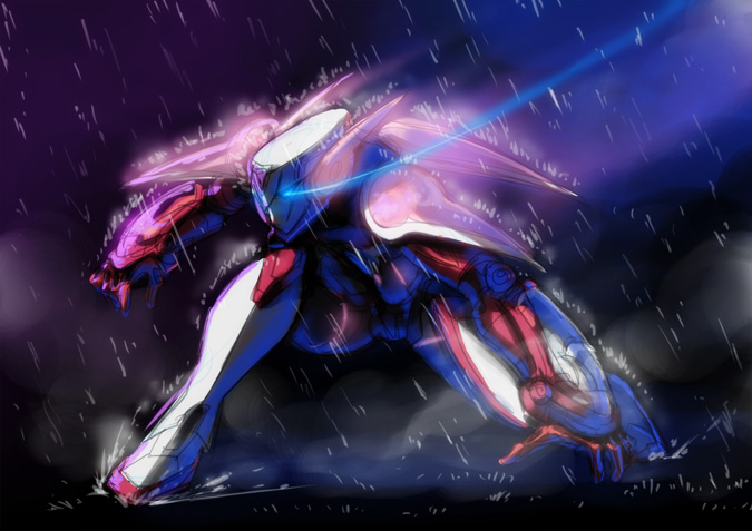 1boy action barnaby_brooks_jr blue_eyes enmto glowing glowing_eyes male power_armor power_suit rain solo speed_painting superhero tiger_&amp;_bunny