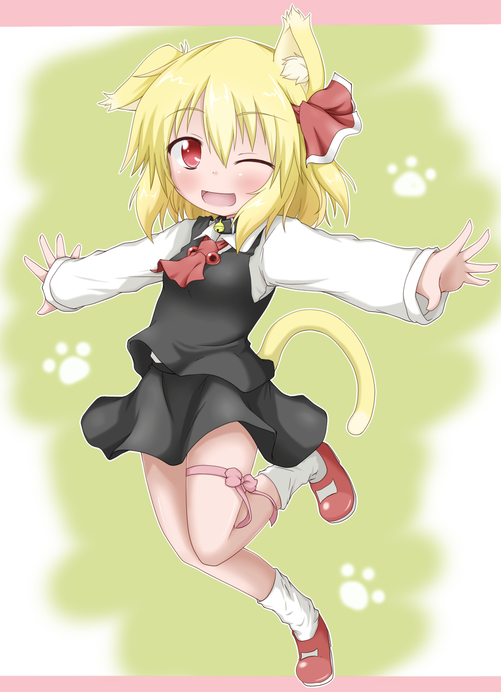 animal_ears ascot bell blonde_hair blush cat_ears cat_tail fang hair_ribbon highres kemonomimi_mode leg_ribbon letterboxed oden_(artist) open_mouth outstretched_arms paw_print red_eyes ribbon rumia shirt short_hair skirt skirt_set smile solo tail the_embodiment_of_scarlet_devil touhou vest wink youkai