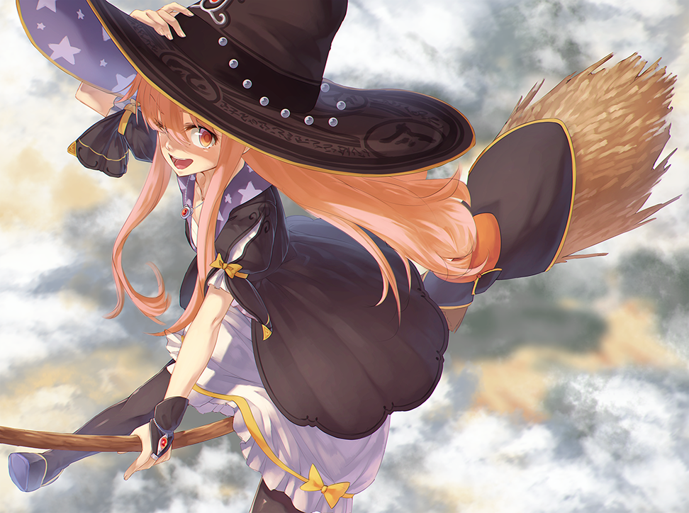 1girl ;d atelier_(series) atelier_escha_&amp;_logy blonde_hair broom hat ibuki_notsu long_hair looking_at_viewer one_eye_closed open_mouth riding smile solo wilbell_voll=erslied witch_hat yellow_eyes