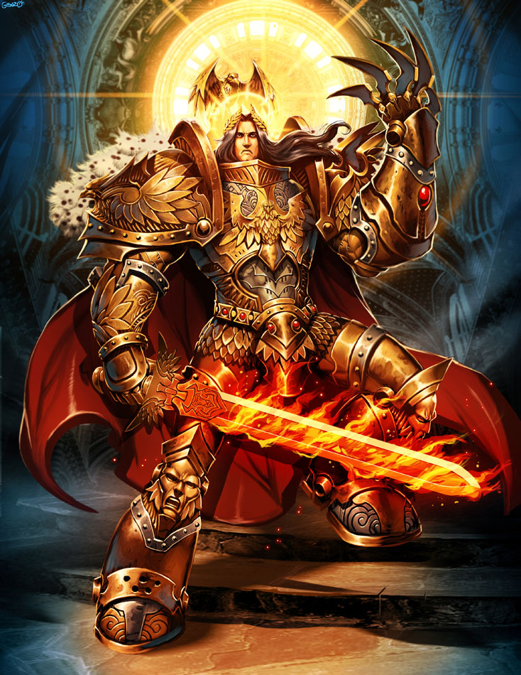 aquila armor bird black_hair blade boots cape claws eagle emperor_of_mankind epic fire flame flaming_sword gauntlets gem genzoman gloves gold gold_armor gothic greaves halo highres king knee_pads laurels long_hair male manly mecha no_humans ornate pauldron pauldrons pelt power_armor power_suit realistic science_fiction scowl solo stairs standing sword warhammer_40k weapon wings wreath