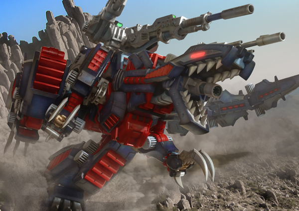 beam_rifle cannon claws dinosaur dust genosaurer glowing glowing_eyes gun lowres mecha no_humans open_mouth robographer sharp_teeth solo tail teeth tyrannosaurus weapon zoids zoids_chaotic_century