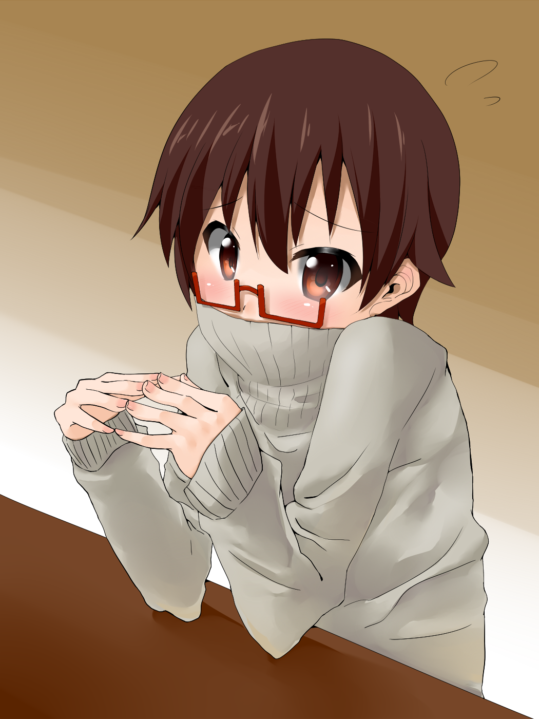 brown_eyes brown_hair covered_mouth covering covering_face covering_mouth glasses half_rim_glasses high_collar highres k-on! lips manabe_nodoka nodoka_glasses nurie red-framed_glasses semi-rimless_glasses short_hair solo sweater under-rim_glasses