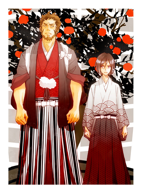 beard black_hair brown_hair facial_hair fate/stay_night fate/zero fate_(series) hakama hidekikawai japanese_clothes kimono male multiple_boys rider_(fate/zero) sayagata seigaiha waver_velvet