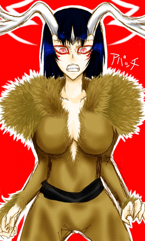 angry antlers arrancar bleach blue_hair character_name emilou_apacci facial_mark fur horn red_background red_eyes resurreccion rukino_(exactement) short_hair simple_background sketch