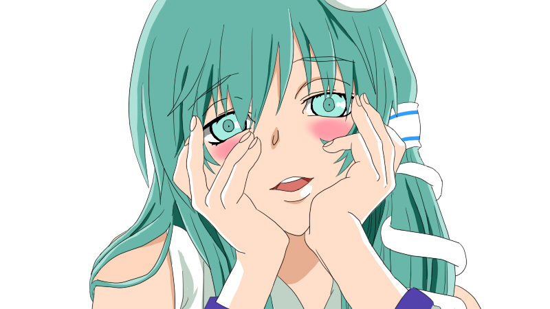 bare_shoulders blush face frog_hair_ornament green_eyes green_hair hair_ornament hair_tubes hand_on_another's_cheek hand_on_cheek hands_on_another's_face hands_on_face hands_on_own_cheeks hands_on_own_face hands_to_face kochiya_sanae long_hair mirai_nikki open_mouth parody simple_background snake solo touhou white_background yandere_trance