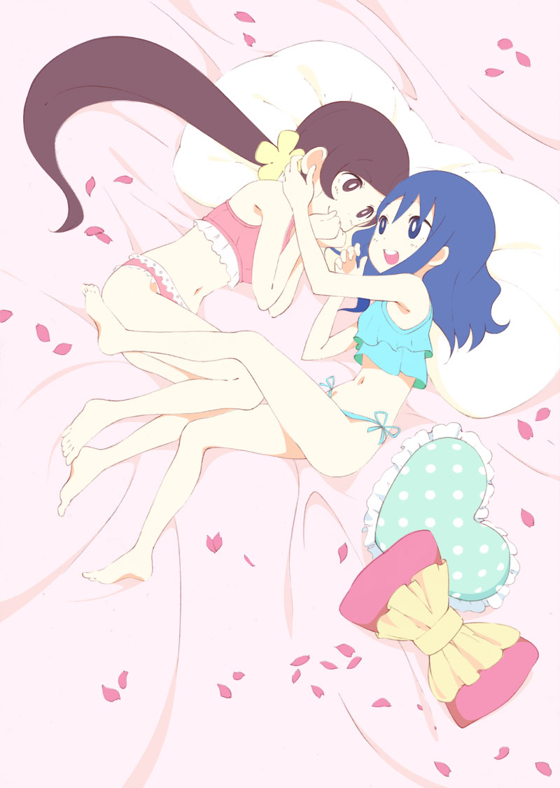 :d barefoot blue_camisole blue_eyes blue_hair blue_panties camisole frilled_panties hanasaki_tsubomi heart heart_pillow heartcatch_precure! kurumi_erika lingerie lying midriff multiple_girls navel on_side open_mouth p._(momoiro_hakushaku) panties petals pillow polka_dot ponytail precure red_camisole red_panties side-tie_panties smile underwear underwear_only