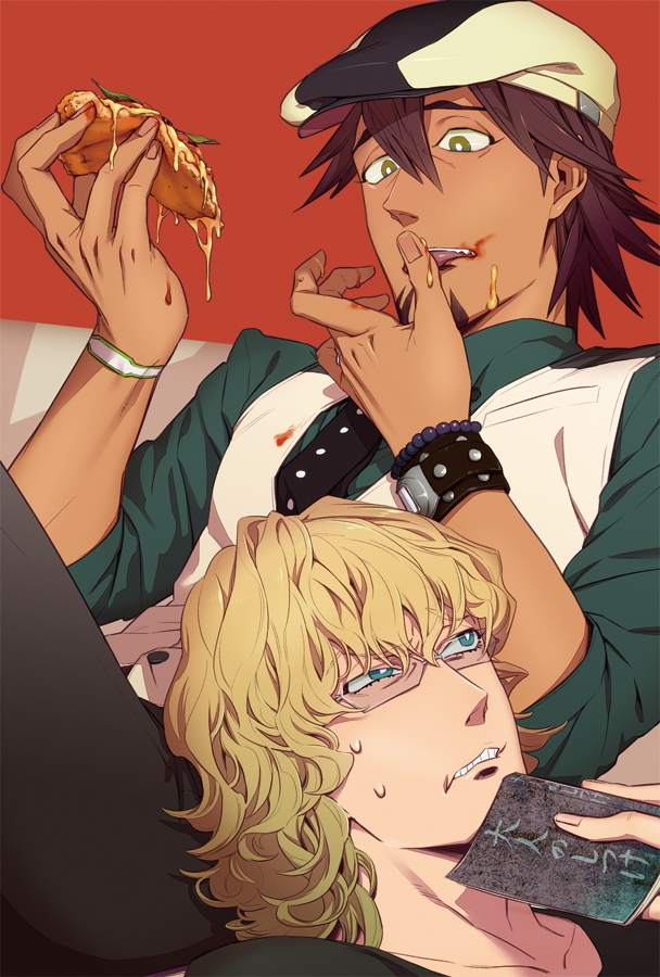 barnaby_brooks_jr blonde_hair blue_eyes book bracelet brown_eyes brown_hair cabbie_hat facial_hair finger_licking food glasses hat jewelry kaburagi_t_kotetsu licking male multiple_boys necktie pizza short_hair stubble t-shirt tei03 tiger_&amp;_bunny vest waistcoat watch wavy_mouth wristwatch