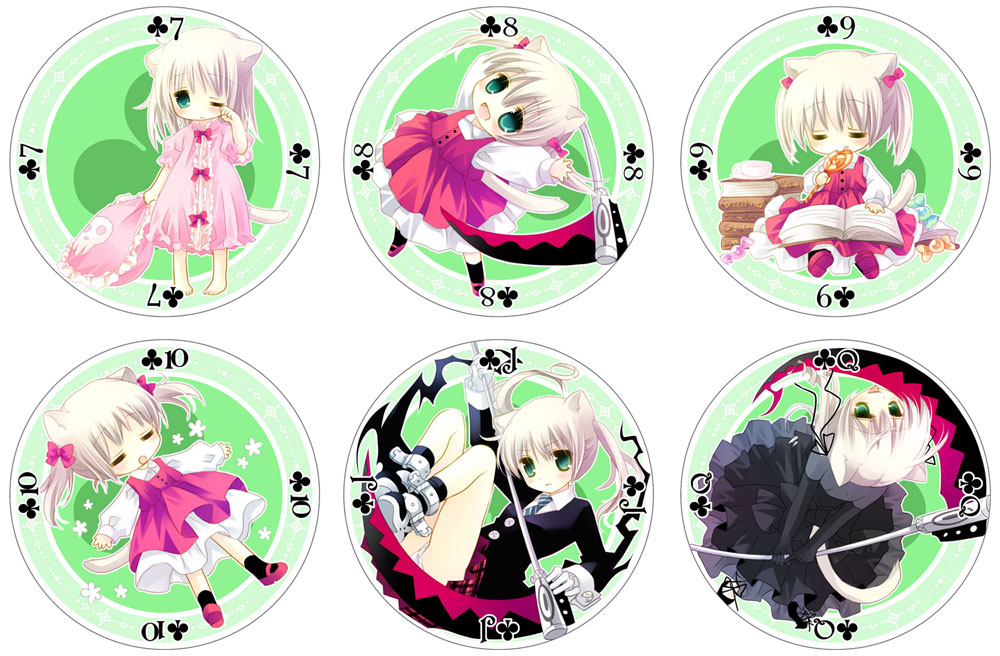 :o alternate_hairstyle animal_ears barefoot black_legwear book candy cat_ears chibi closed_eyes green_eyes hair_down lollipop maka_albarn mary_janes necktie nightgown open_mouth pillow rubbing_eyes sakurazawa_izumi scythe shoes skull smile soul_eater swirl_lollipop tail twintails wink