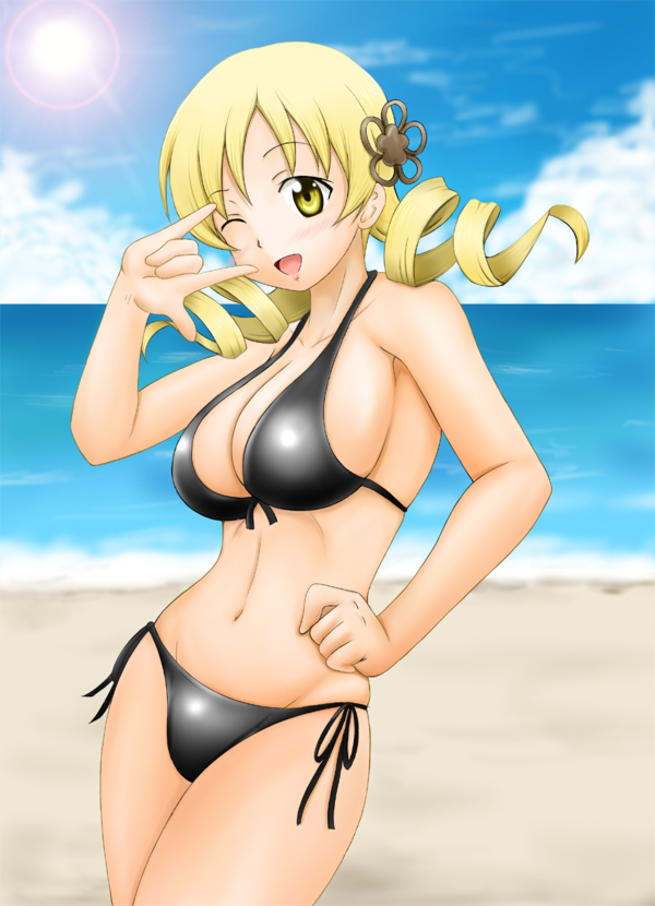 \m/ arm_up beach bikini blonde_hair breasts cleavage cloud drill_hair fuuma_nagi hair_ornament hand_on_hip large_breasts long_hair mahou_shoujo_madoka_magica mound_of_venus ocean open_mouth side-tie_bikini sideboob skindentation sky smile sun sunlight swimsuit tomoe_mami twin_drills twintails wink yellow_eyes