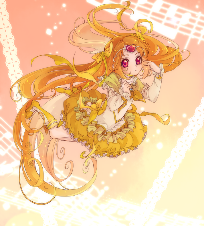 blonde_hair boots bubble_skirt cure_muse cure_muse_(yellow) dress gradient gradient_background kamabo_ko lace long_hair magical_girl musical_note orange_(color) orange_background precure red_eyes shirabe_ako solo staff_(music) suite_precure yellow_background yellow_dress