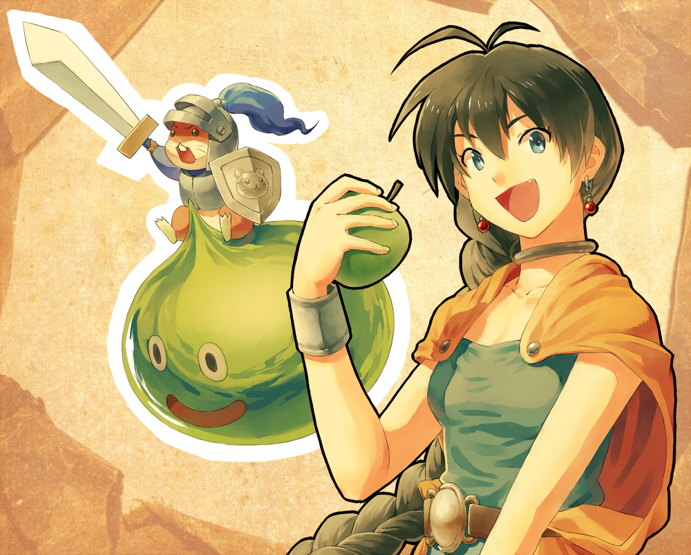 apple belt bianca bianca_(cosplay) blue_eyes braid brown_hair cape character_request cosplay crossover dragon_quest dragon_quest_v earrings food fruit ganaha_hibiki green_apple hamster hamuzou holding holding_apple holding_fruit idolmaster jewelry long_hair om_(carbohydratism) open_mouth shield slime_(dragon_quest) smile sword weapon