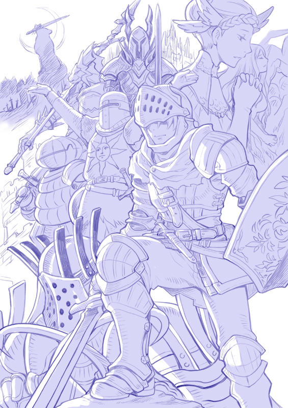 bad_id black_knight_(dark_souls) dark_souls dragon_slayer_ornstein dusk_of_oolacille full_armor great_grey_wolf_sif helm helmet knight_lautrec_of_carim knight_of_astora_oscar miyasumi_(jam_session) monochrome polearm praise_the_sun quelaag's_sister quelaag's_sister shield siegmeyer_of_catarina solaire_of_astora spear sun_(symbol) sword visor_(armor) weapon