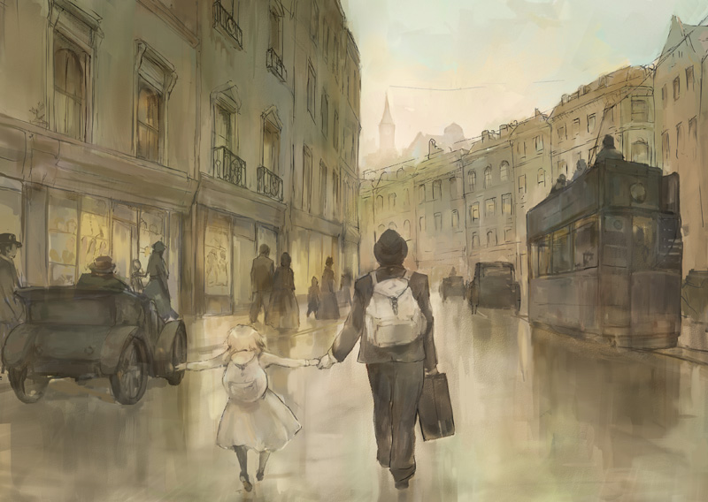 age_difference bag blonde_hair car child city cloudy_sky father_and_daughter from_behind hand_holding holding_hands motor_vehicle original outstretched_arms rain randoseru spread_arms street suitcase tori_(qqqt) tram vehicle
