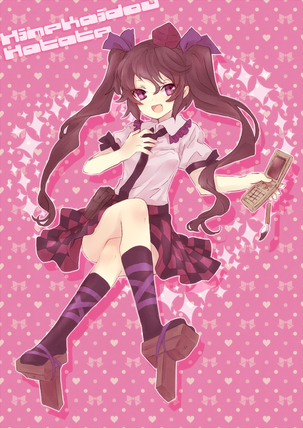 brown_hair cellphone checkered checkered_skirt crossed_legs fang geta hat heart highres himekaidou_hatate legs_crossed long_hair neme open_mouth phone purple_eyes sitting skirt solo tokin_hat touhou twintails violet_eyes