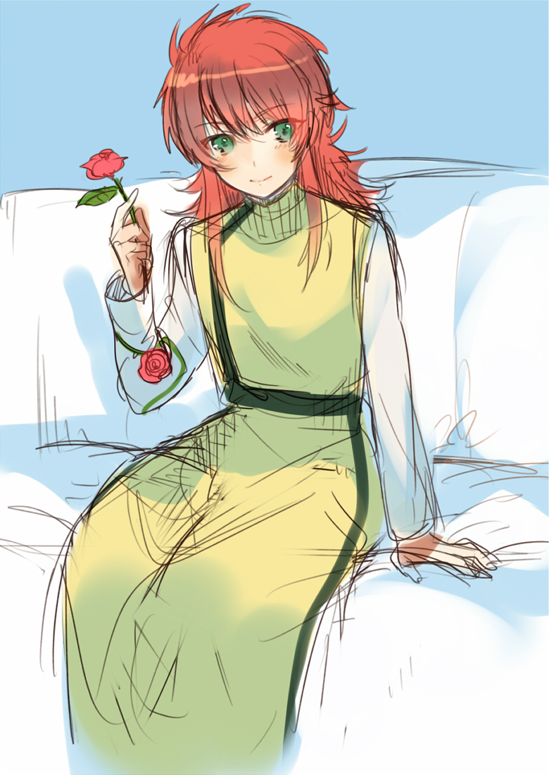 flower green_eyes holding holding_flower kippu kurama long_hair male red_hair red_rose redhead rose sitting sketch smile solo yu_yu_hakusho yuu_yuu_hakusho