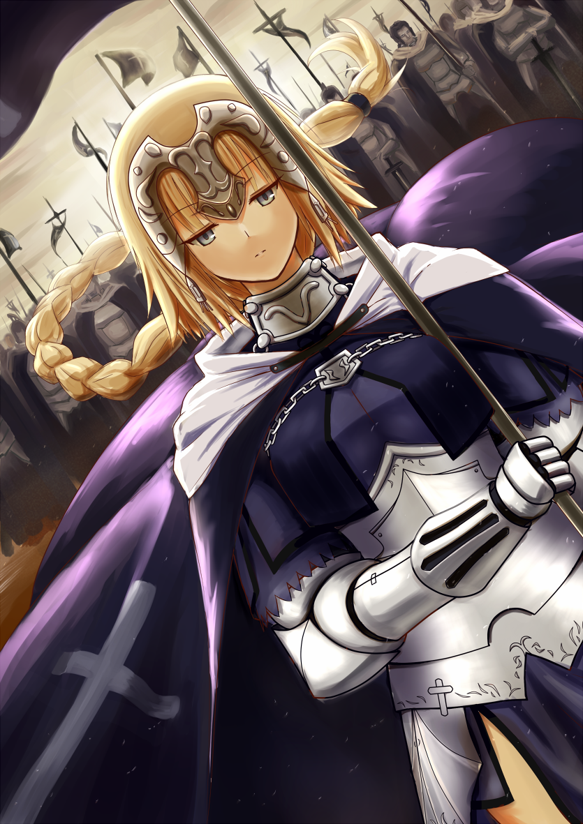 armor armored_dress army bible_(pixiv) blonde_hair braid cape caster_(fate/zero) dress dutch_angle fate/apocrypha fate/stay_night fate/zero fate_(series) flag headpiece jeanne_d'arc_(fate/apocrypha) long_hair purple_eyes ruler_(fate/apocrypha) violet_eyes
