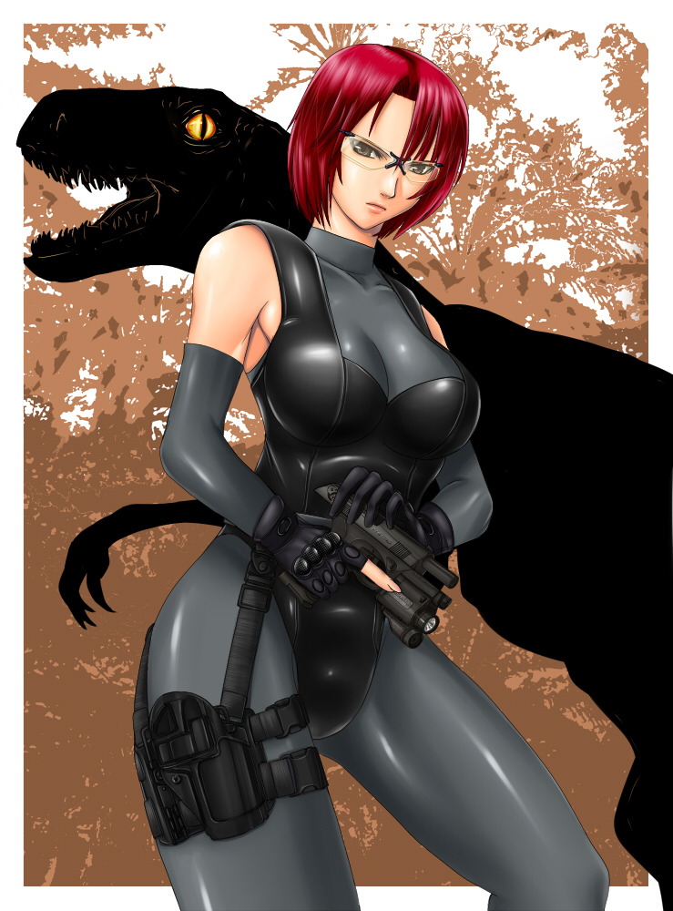 artist_request breasts capcom cleavage detached_sleeves dino_crisis dinosaur glasses gloves gun holster judge_martin large_breasts pistol racking_slide red_hair regina shooting_glasses short_hair skin_tight source_request thigh_holster trigger_discipline weapon