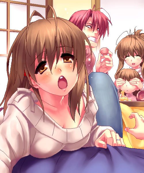 antenna_hair blush brown_eyes brown_hair clannad clenched_teeth covering covering_eyes covering_face drunk furukawa_akio furukawa_nagisa furukawa_sanae husband_and_wife kotatsu looking_at_viewer okazaki_tomoya okazaki_ushio open_mouth pov short_hair table zen