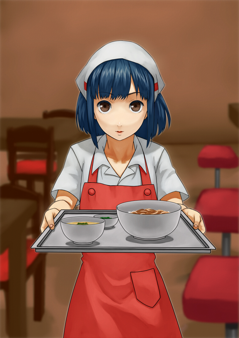 apron blue_hair blurry bow bowl brown_eyes chair depth_of_field food gyuudon head_scarf meat mimitabu miso_soup nakamura_aika noodles persona persona_4 ramen short_hair solo table tray waitress