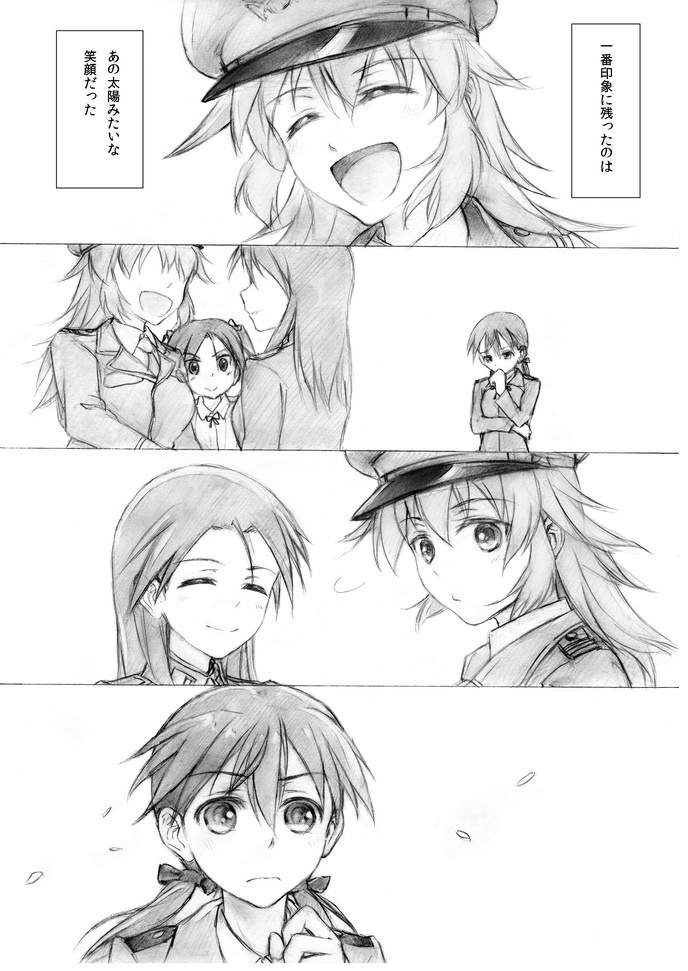 charlotte_e_yeager closed_eyes comic eyes_closed francesca_lucchini gertrud_barkhorn hat kisetsu long_hair military military_uniform minna-dietlinde_wilcke monochrome multiple_girls open_mouth peaked_cap smile strike_witches translated translation_request twintails uniform