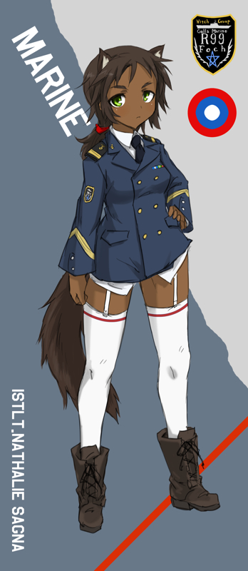 boots commentary commentary_request dark_skin green_eyes ogitsune_(ankakecya-han) ponytail strike_witches strike_witches_1991 tail thigh-highs thighhighs uniform