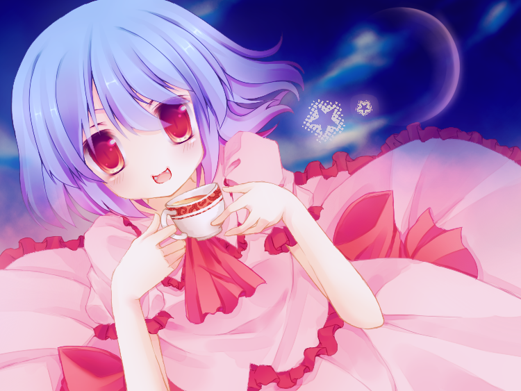 &gt;:) &gt;:d :d ascot crescent_moon cup dutch_angle frilled_sleeves frills gradient_hair kujou_mikuru lavender_hair long_skirt looking_at_viewer moon multicolored_hair no_hat no_headwear no_nose open_mouth pink_eyes puffy_sleeves remilia_scarlet short_hair short_sleeves skirt skirt_set slit_pupils smile solo star tea teacup touhou