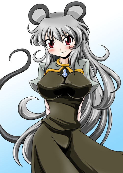 adult alternate_hair_length alternate_hairstyle animal_ears aotukidenjyurou arms_behind_back blush breasts capelet gem grey_hair jewelry large_breasts long_hair mouse_ears mouse_tail nazrin necklace pendant red_eyes shirt skirt skirt_set smirk solo tail touhou