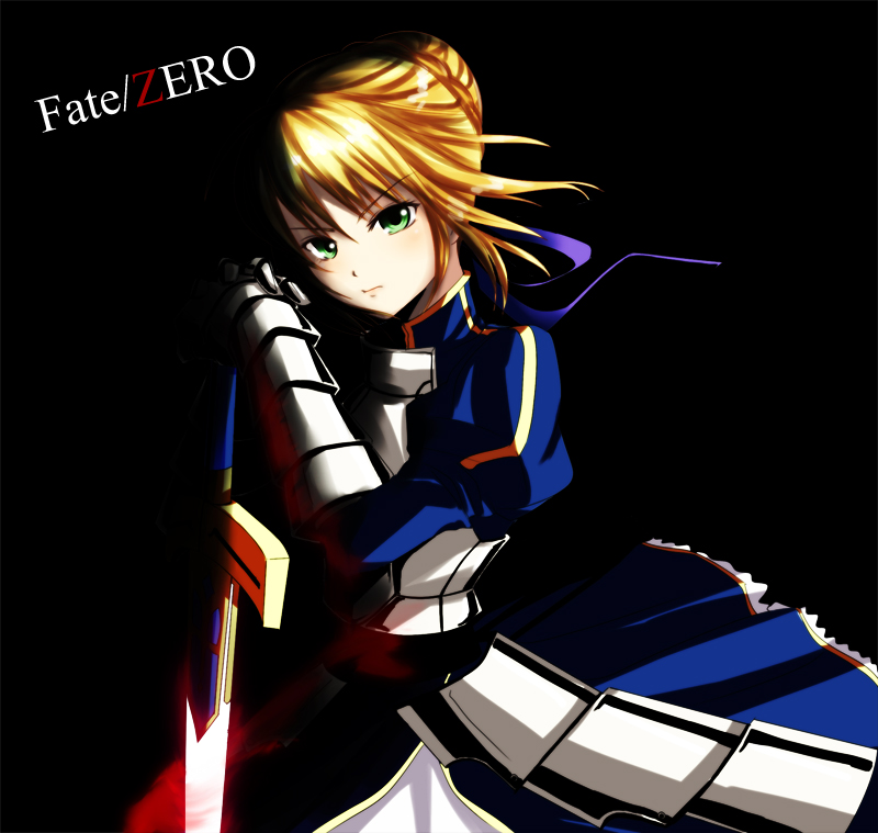 ao_(korindou) armor armored_dress black blonde_hair dark dress excalibur fate/stay_night fate/zero fate_(series) faulds gauntlets green_eyes hair_ribbon ribbon saber solo sword title_drop weapon