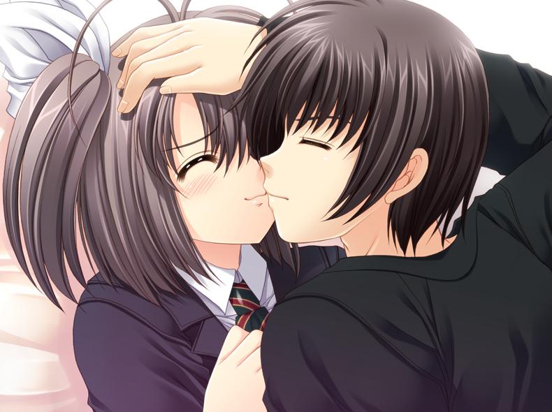 1girl black_hair blush bow closed_eyes eyes_closed game_cg hair_bow kiss long_hair narita_hayato necktie nishimata_aoi ootori_naru oretachi_ni_tsubasa_wa_nai school_uniform short_hair side_ponytail smile