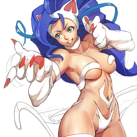 &gt;:) animal_ears armpit bare_shoulders big_hair blue_hair breasts capcom cat_ears cat_tail catgirl claws darkstalkers felicia green_eyes grin lipstick long_hair mineji navel paws sakigake0319 smile solo tail vampire_(game)