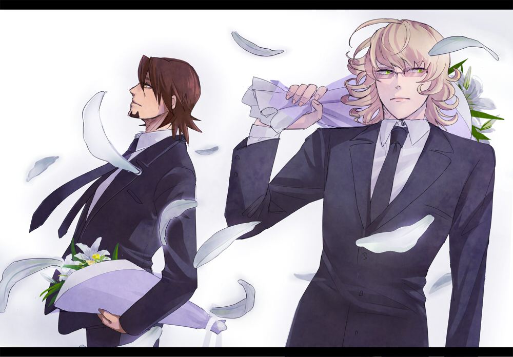 androgynous barnaby_brooks_jr blonde_hair bluespeaker bouquet brown_eyes brown_hair facial_hair flower formal glasses green_eyes jewelry kaburagi_t_kotetsu letterboxed lips male multiple_boys necklace necktie petals short_hair stubble suit tiger_&amp;_bunny