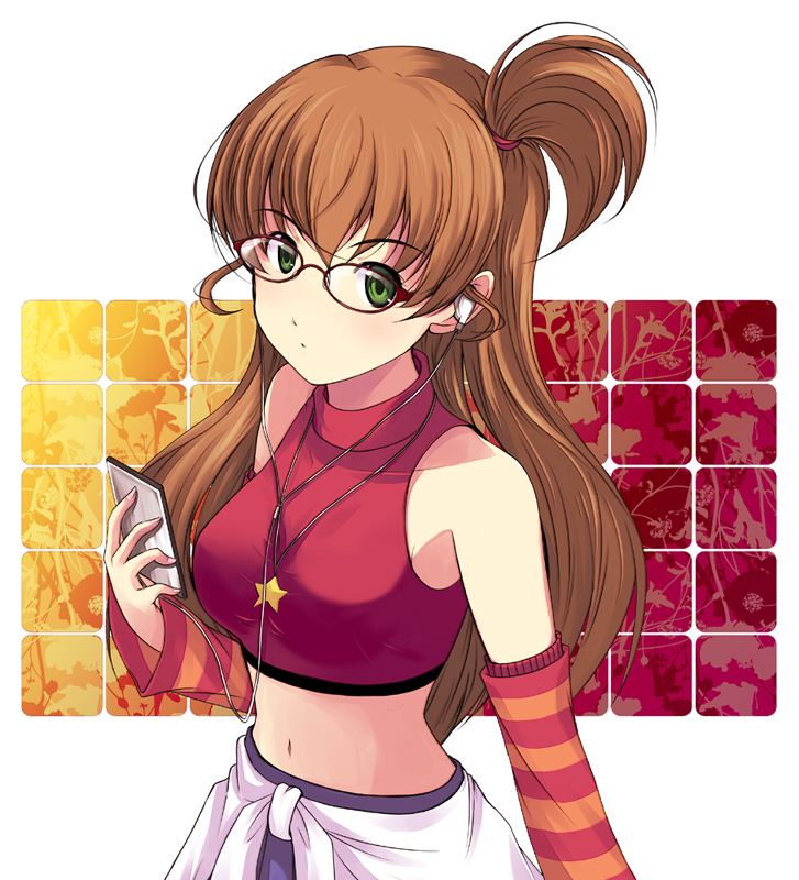 bespectacled between_breasts breasts brown_hair detached_sleeves digital_media_player glasses green_eyes headphones idolmaster idolmaster_dearly_stars jewelry long_hair midriff navel necklace one_side_up onion_(artist) sakurai_yumeko side_ponytail star striped taut_shirt tied_shirt